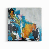 Handgemaakt Abstract kunstwerk. Blauw met zwart en okergeel. Robuust en aards. Lichtbruin acryl met houtskool.