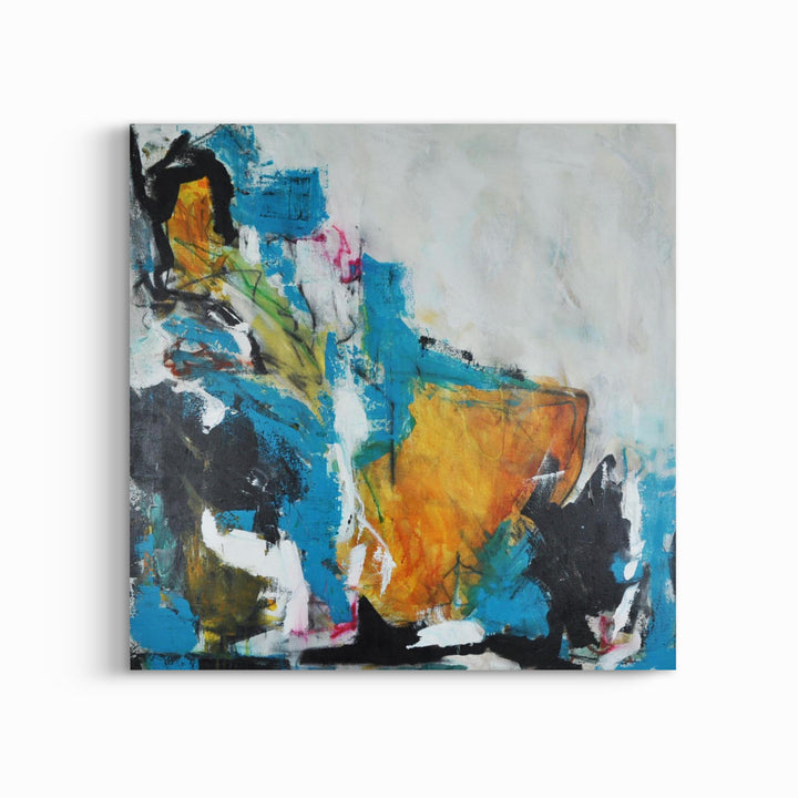 Handgemaakt Abstract kunstwerk. Blauw met zwart en okergeel. Robuust en aards. Lichtbruin acryl met houtskool.