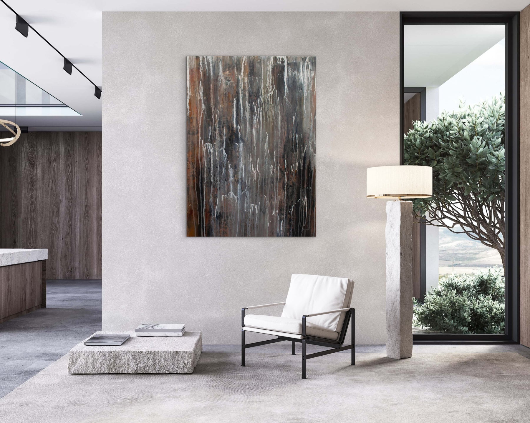 Whispers of Rain – modern abstract schilderij in bruin en grijs in een modern interieur.