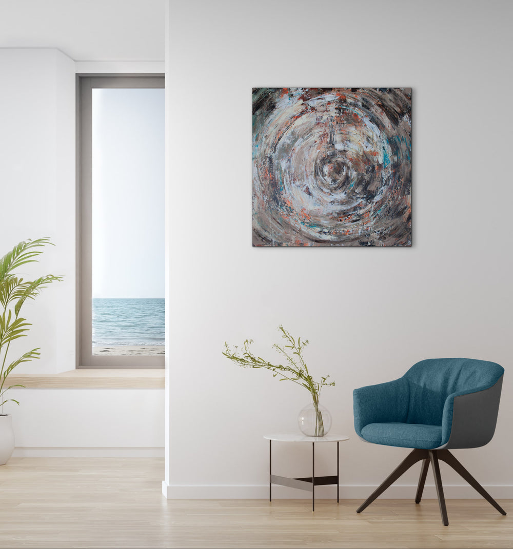 Eye of the Storm – abstract schilderij met krachtige beweging, 70 x 70 cm. In een wachtkamer ruimte.