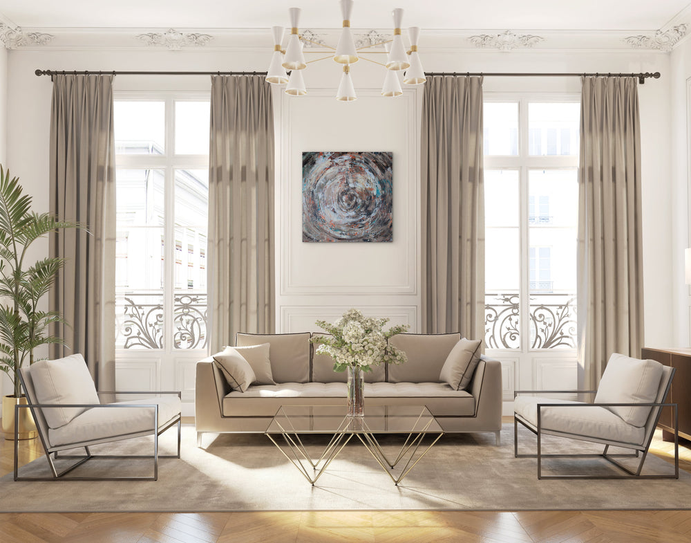 Eye of the Storm – abstract schilderij met krachtige beweging in een landelijk interieur.