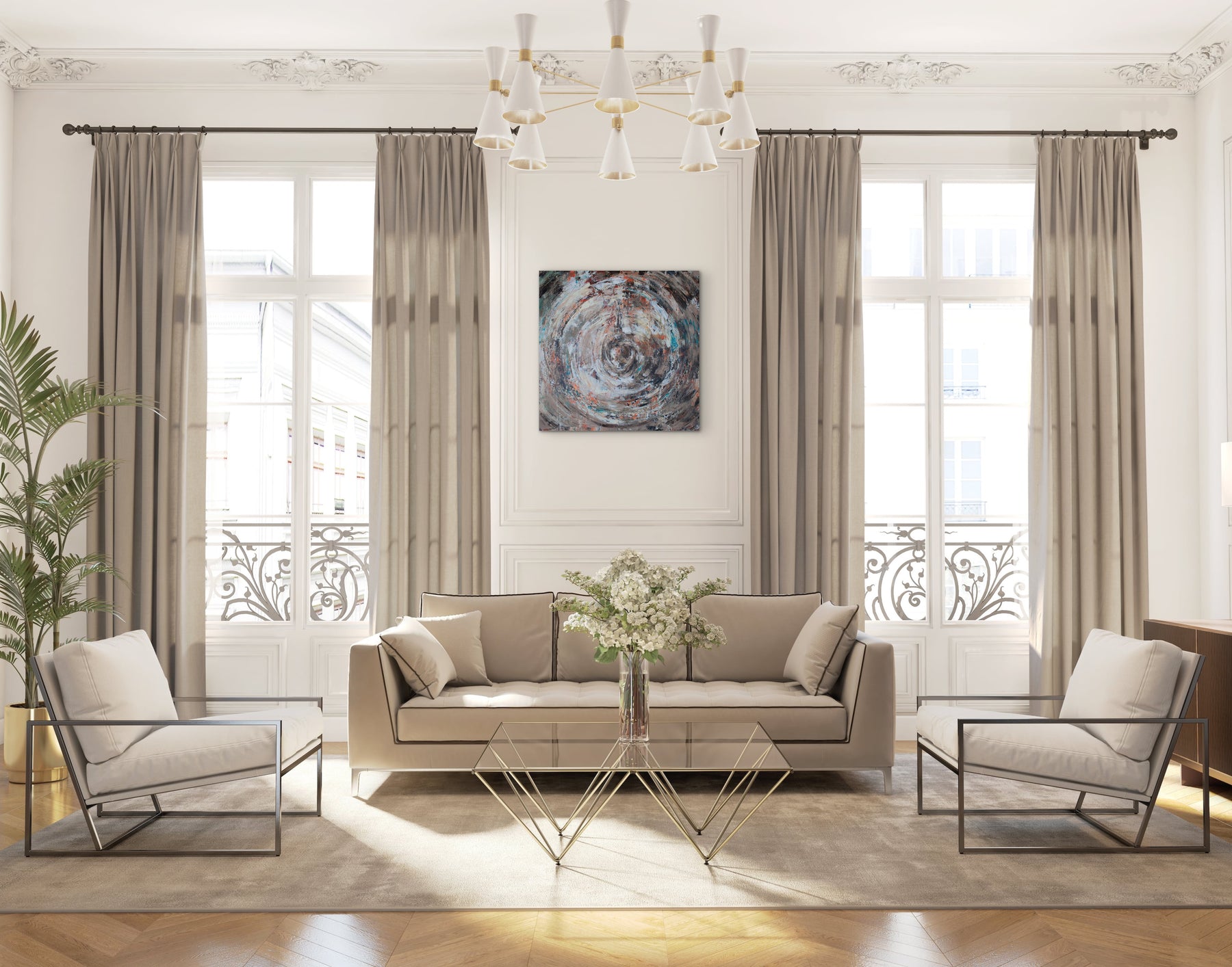 Eye of the Storm – abstract schilderij met krachtige beweging in een landelijk interieur.