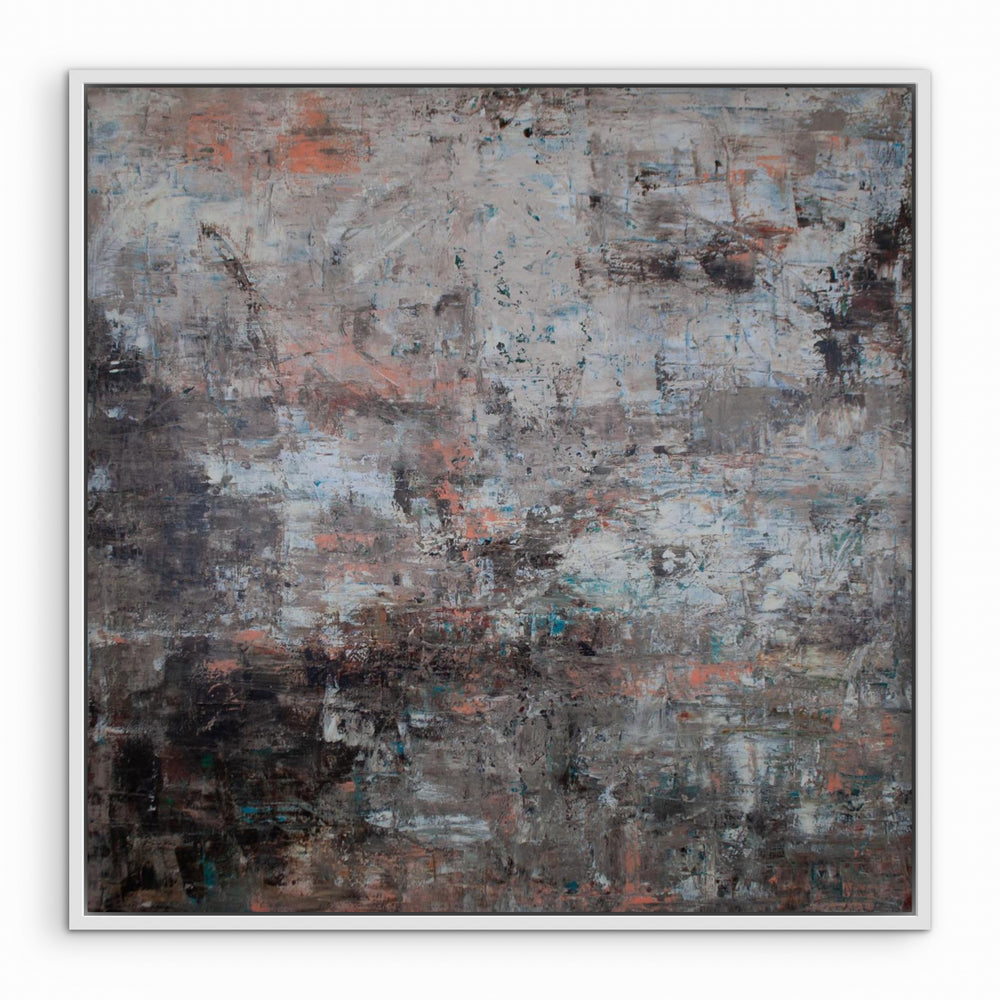 Muted Days – sober abstract schilderij met textuur met witte lijst.