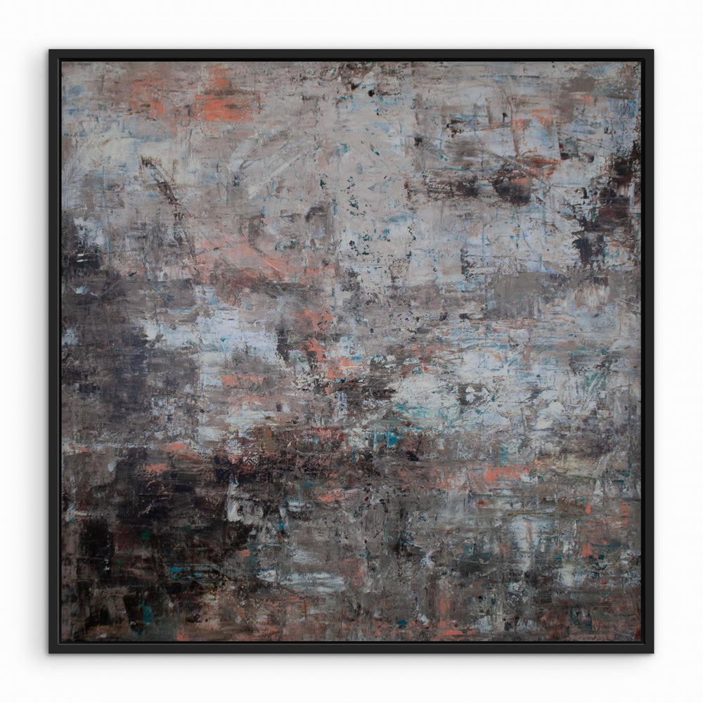 Muted Days – sober abstract schilderij met textuur met zwarte lijst. 