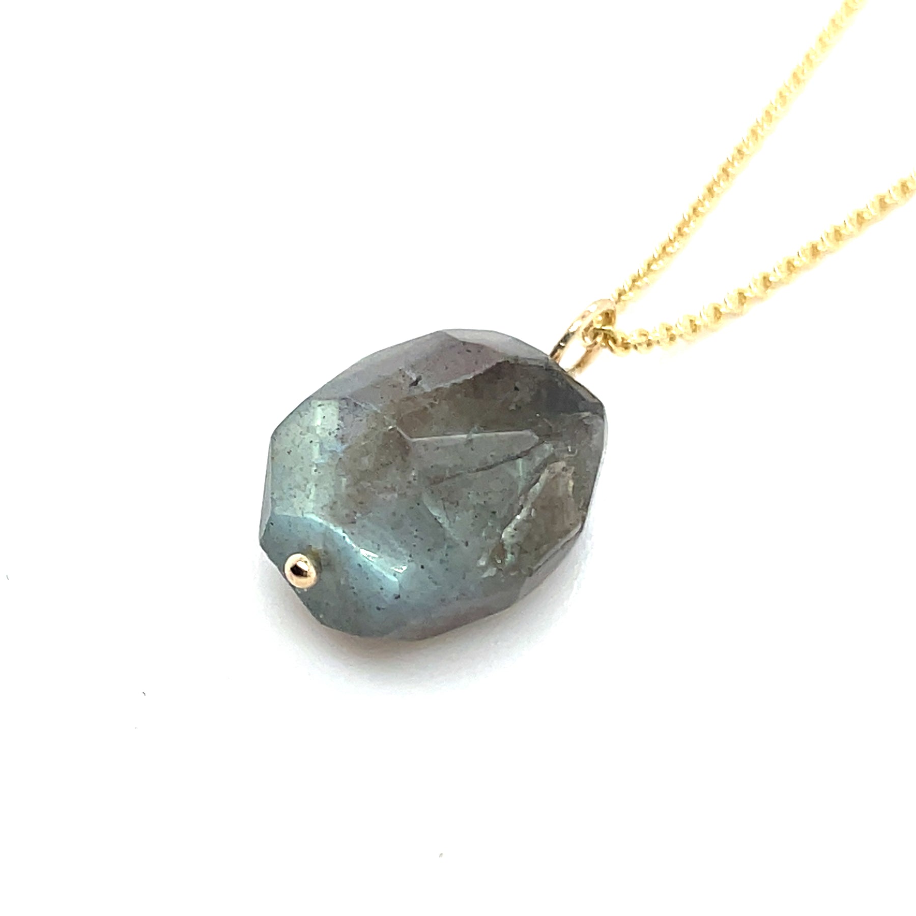 Close up hanger labradoriet met geelgoud.