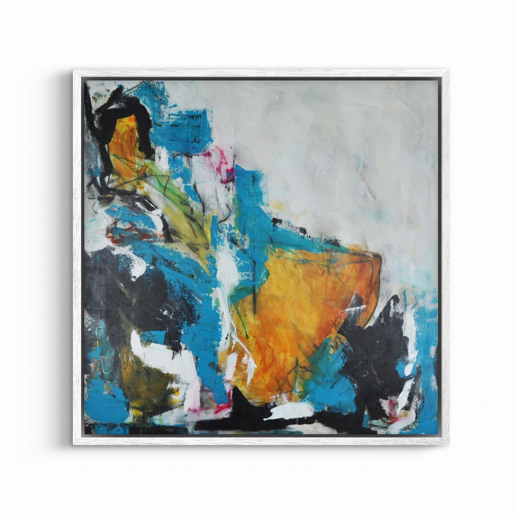 Abstract kunstwerk. Blauw met zwart en okergeel. Robuust en aards. Schilderij met witte baklijst.