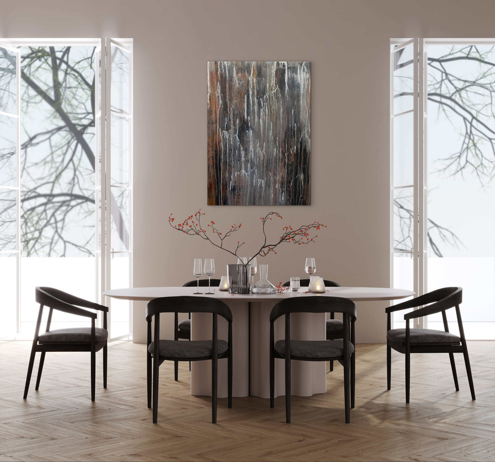 Whispers of Rain – print van modern abstract schilderij in bruin en grijs, natuurlijk en organisch beeld.