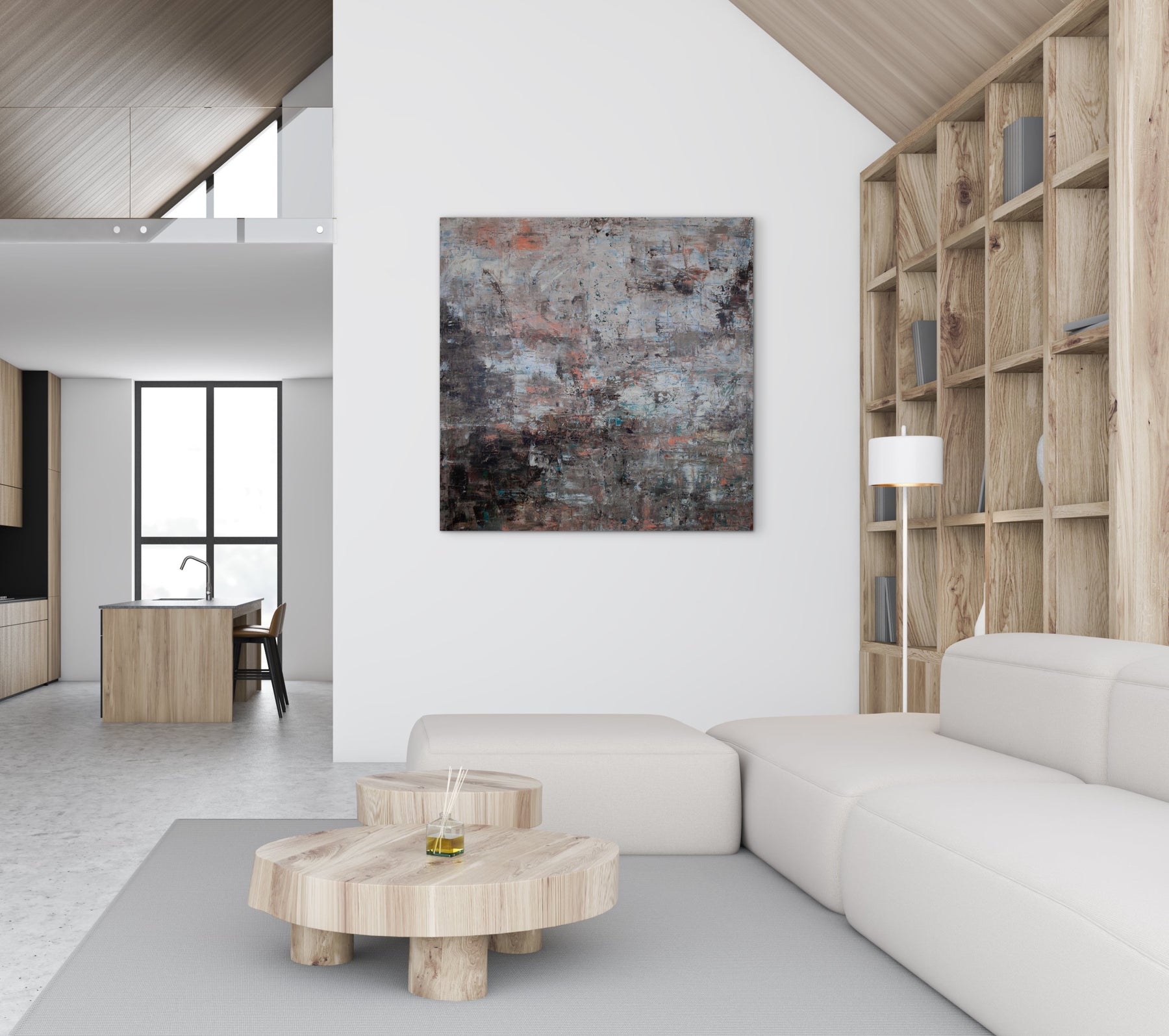 Muted Days – print van modern abstract schilderij in zachte, gedempte tinten in een Scandinavisch interieur.
