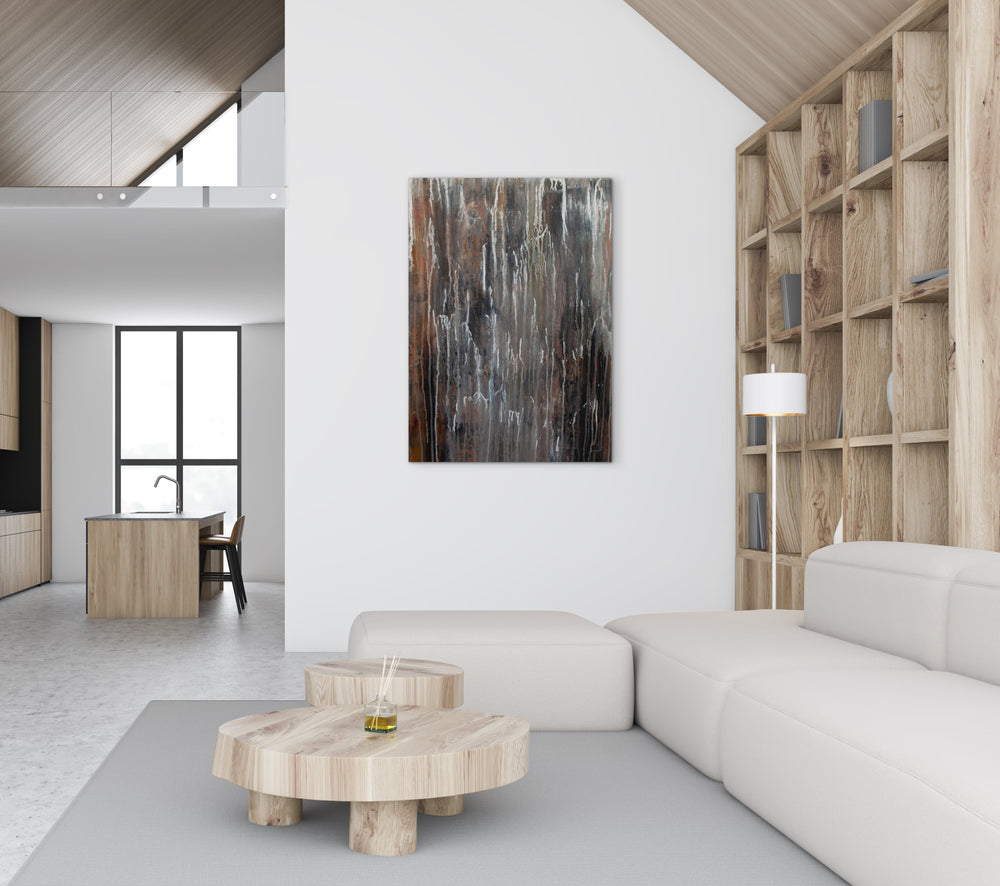 Whispers of Rain – print van modern abstract schilderij in bruin en grijs