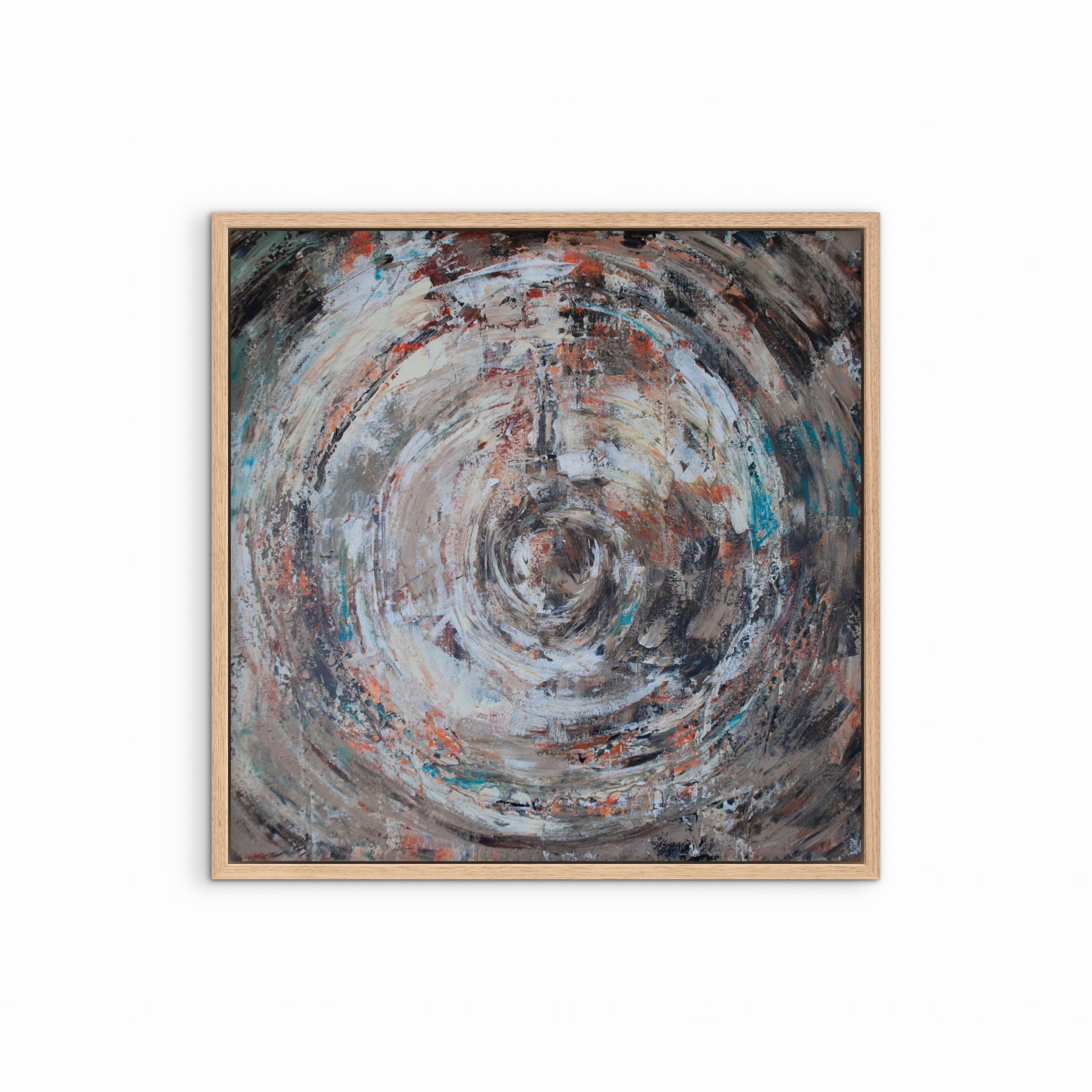 Eye of the Storm – abstract schilderij met krachtige beweging en een eiken lijst.