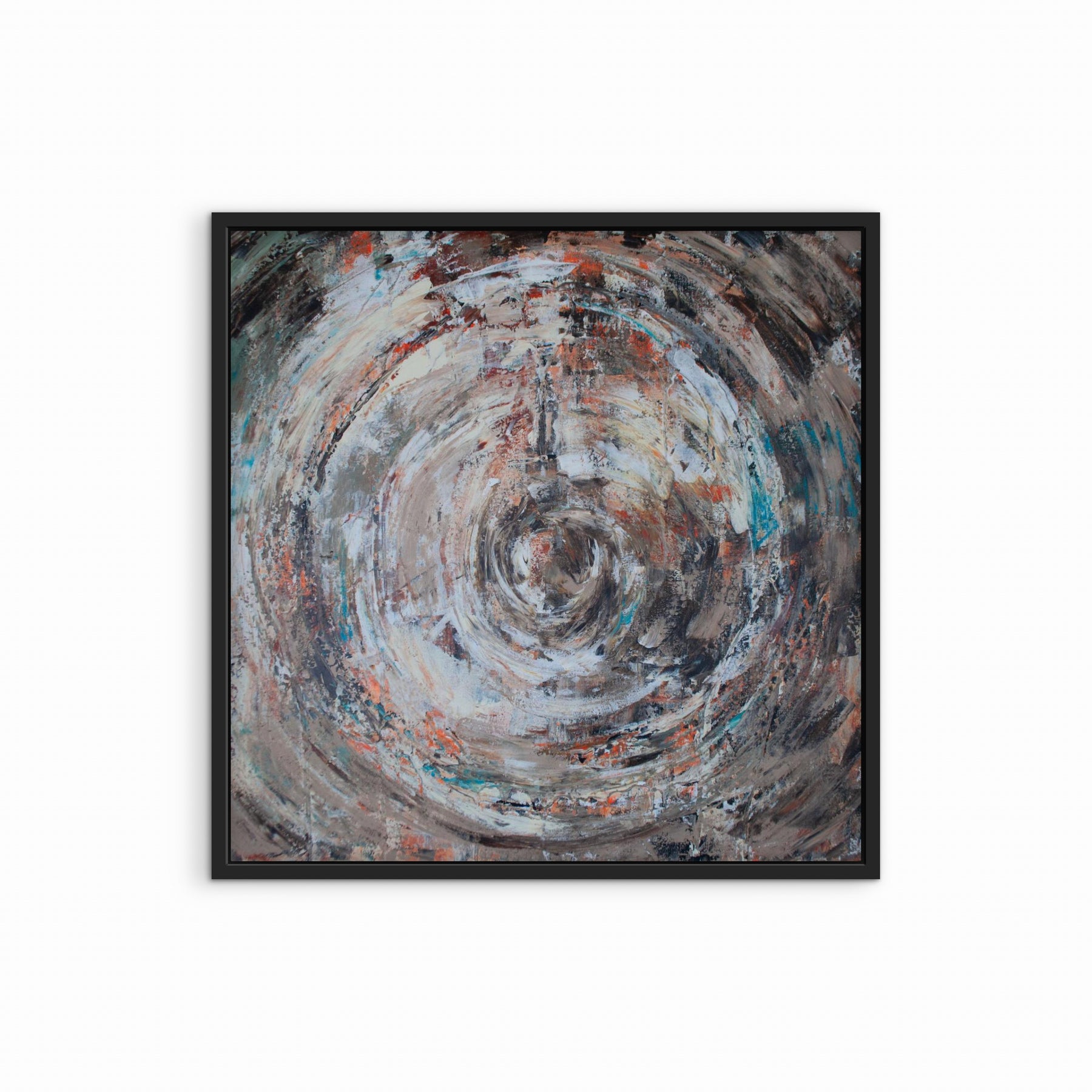 Eye of the Storm – abstract schilderij met krachtige beweging in cirkel vorm. Met zwarte lijst.