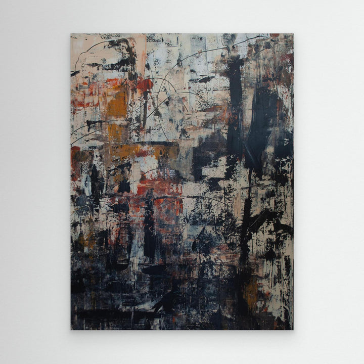 Gathering Storm – print van abstract schilderij in zwart, bruin en okertinten gemaakt met mixed media. 